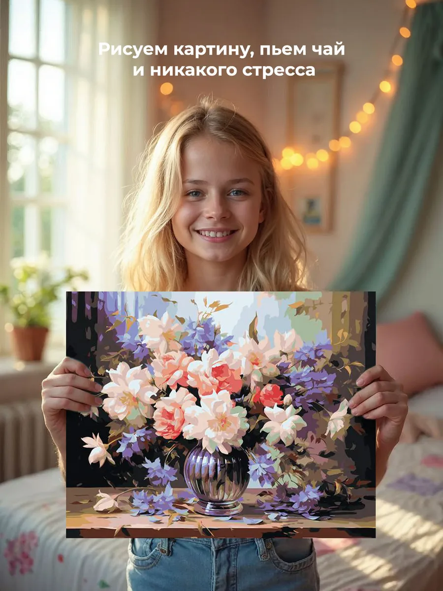 Картина по номерам «Цветы: Пышный букет с розами и васильками» — картинка 6