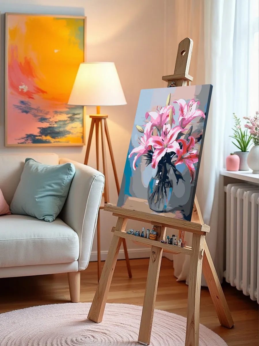 Картина по номерам «Цветы: Розовые лилии в стеклянной вазе» — картинка 9