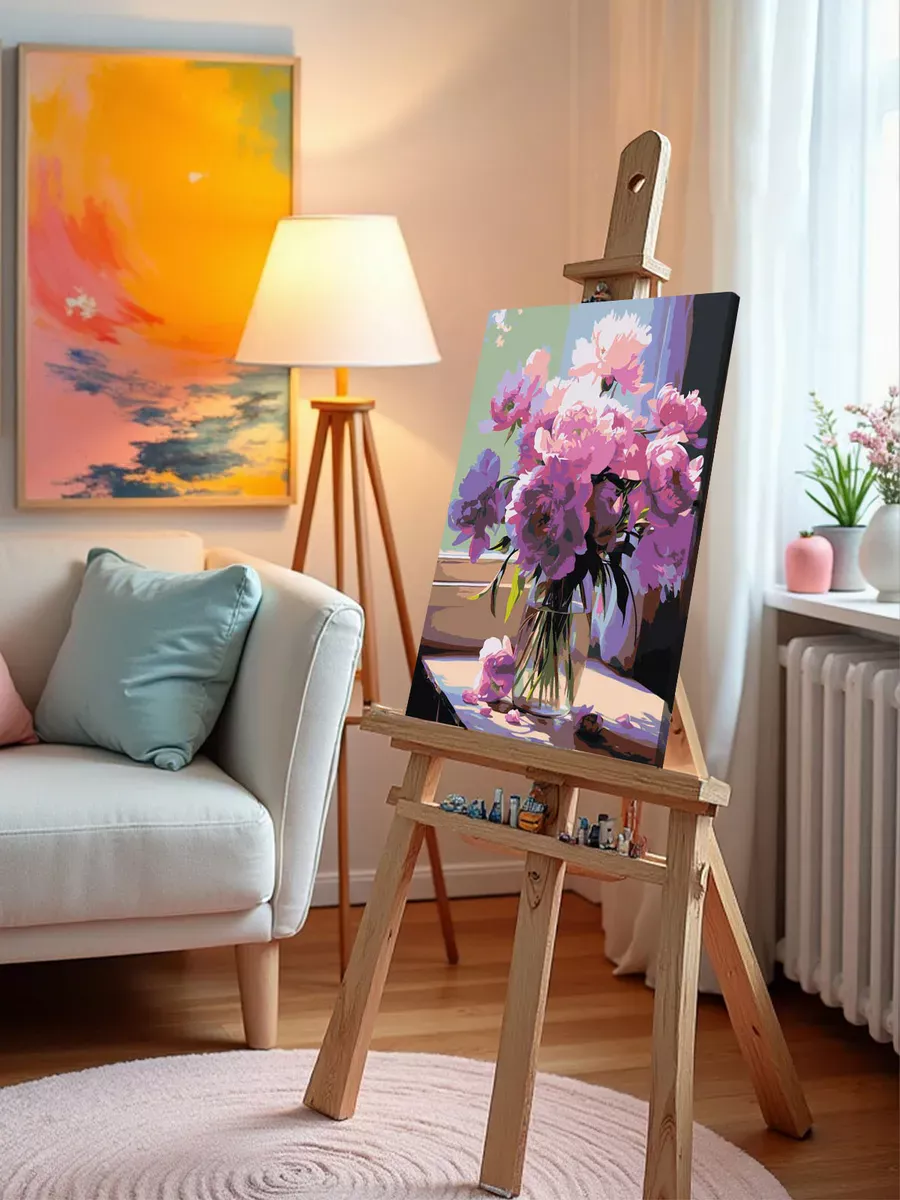 Картина по номерам «Цветы: Лиловые пионы на окне» — картинка 9