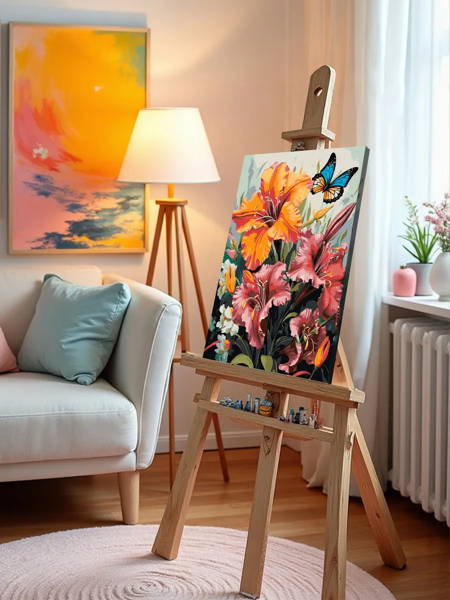 Картина по номерам «Цветы: Лилейники и яркая бабочка» — картинка 9