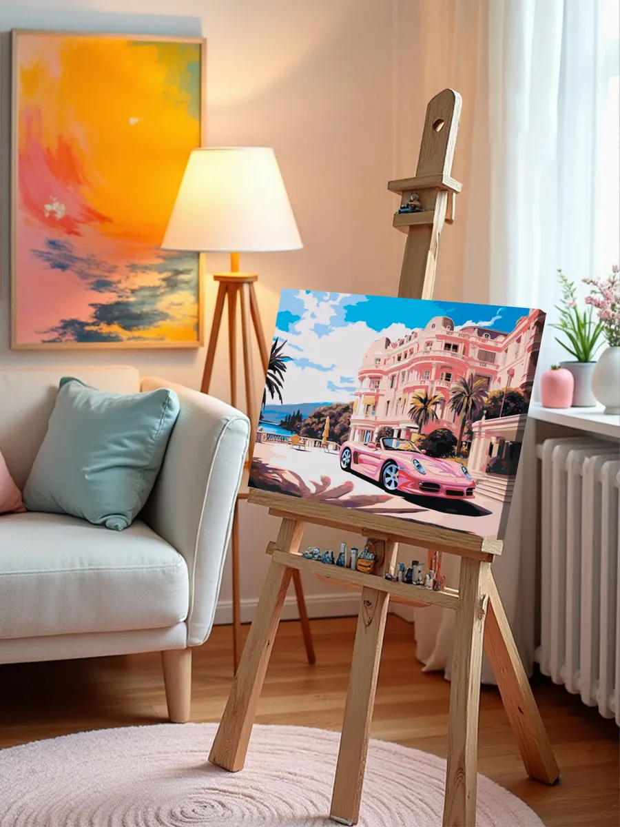 Картина по номерам «Машины: Розовый порше на фоне элитного особняка» — картинка 9