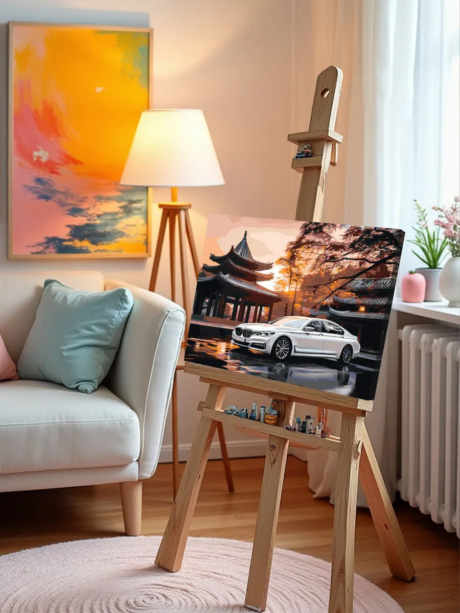Картина по номерам «Машины: БМВ на фоне японской пагоды» — картинка 10