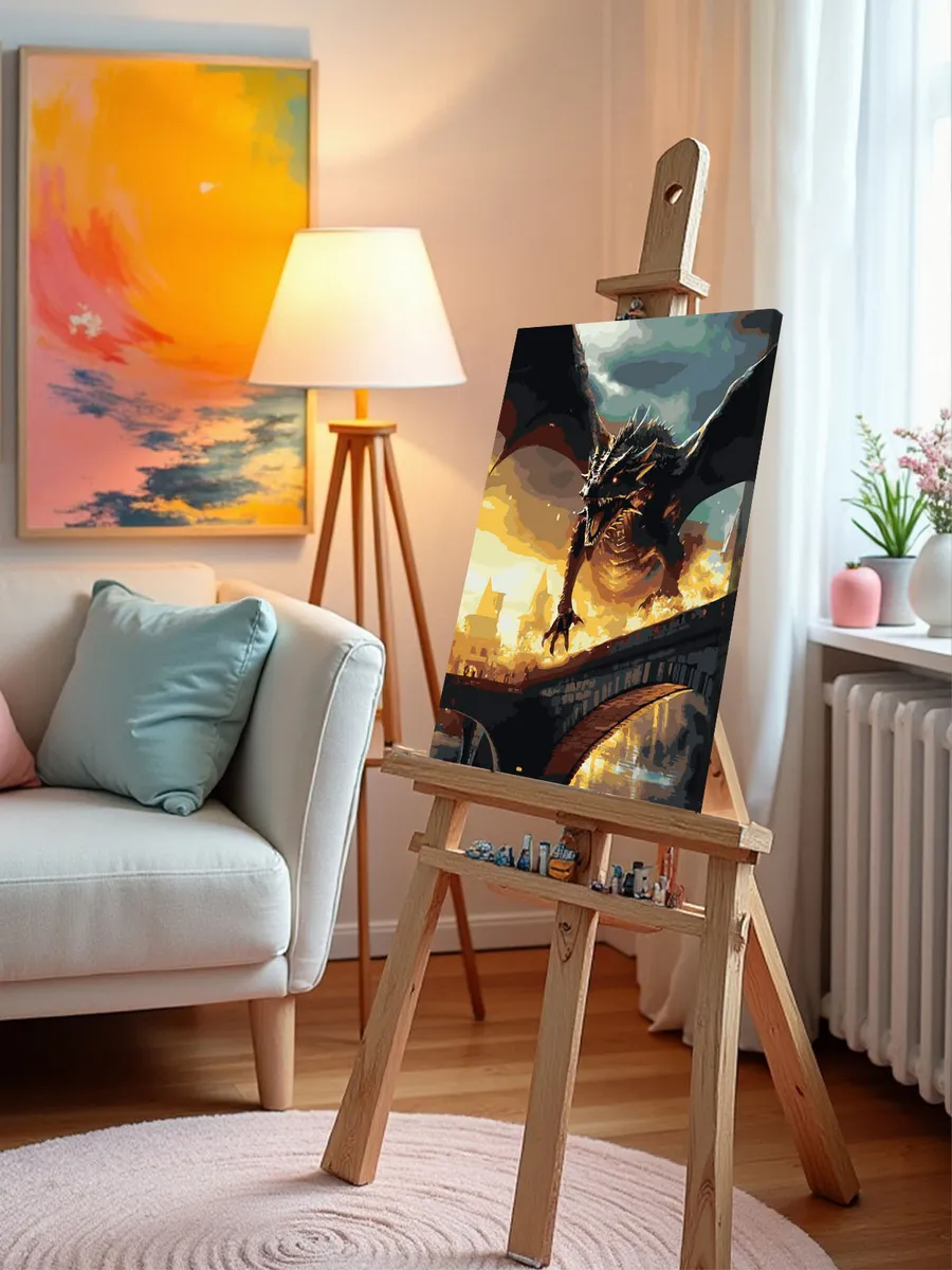 Картина по номерам «Черный огнедышащий дракон над мостом» — картинка 9