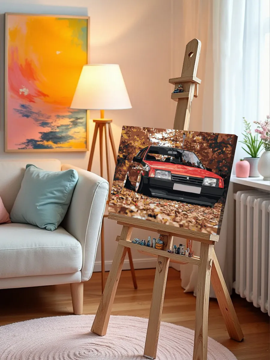 Картина по номерам «ВАЗ-2109: красная Лада девятка в осеннем лесу» — картинка 9