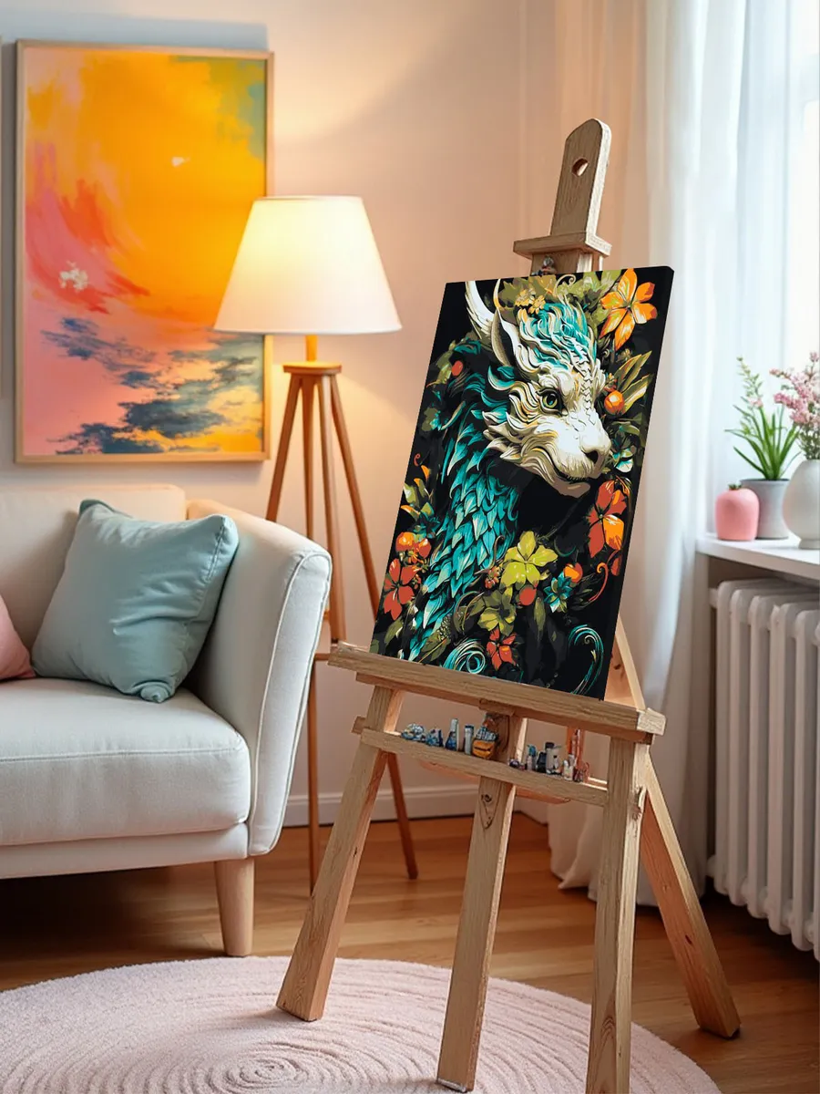 Картина по номерам «Лесной деревянный дракон в цветах» — картинка 9