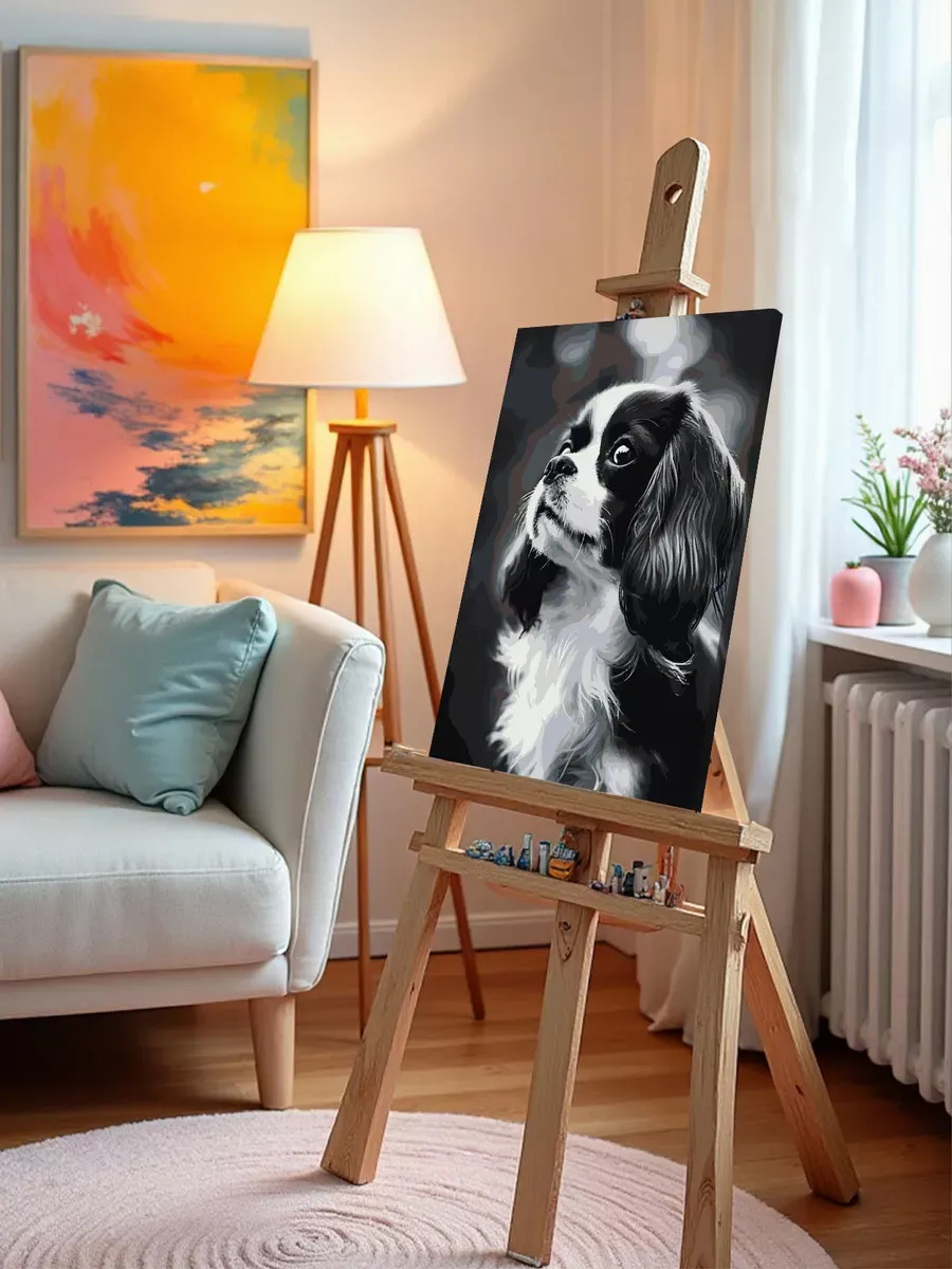 Картина по номерам «Собака Спаниель черная с белым щенок» — картинка 9