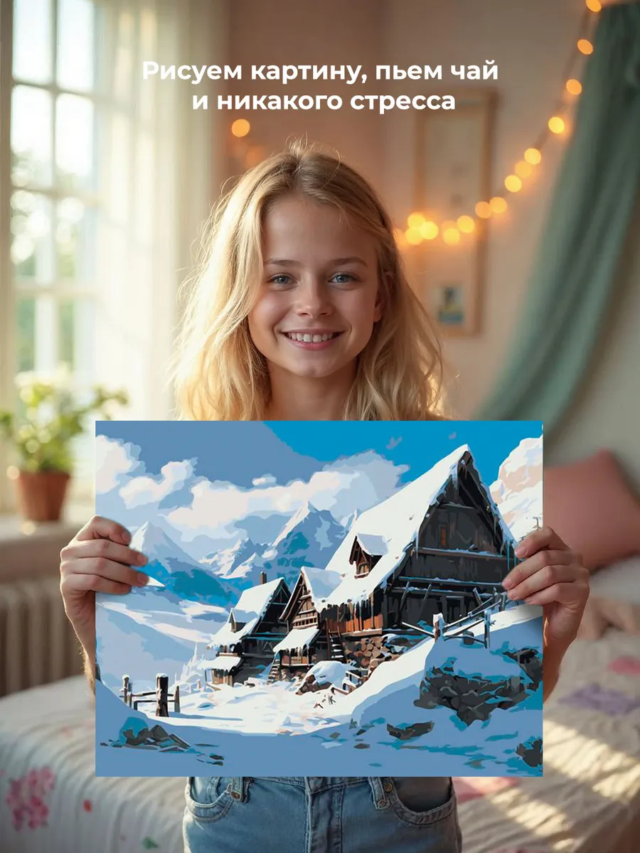 Картина по номерам «Зима: Пейзаж с домиком под снегом в горах» — картинка 6