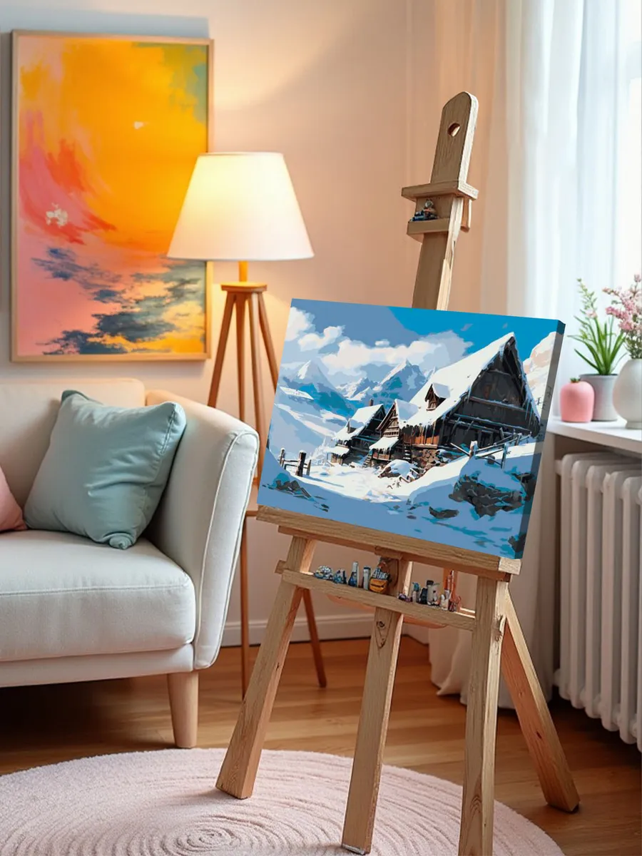 Картина по номерам «Зима: Пейзаж с домиком под снегом в горах» — картинка 9