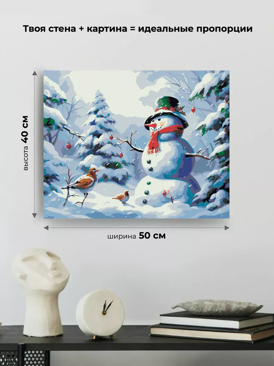 Картина по номерам «Рождество: Снеговик и птицы в зимнем лесу» — картинка 3