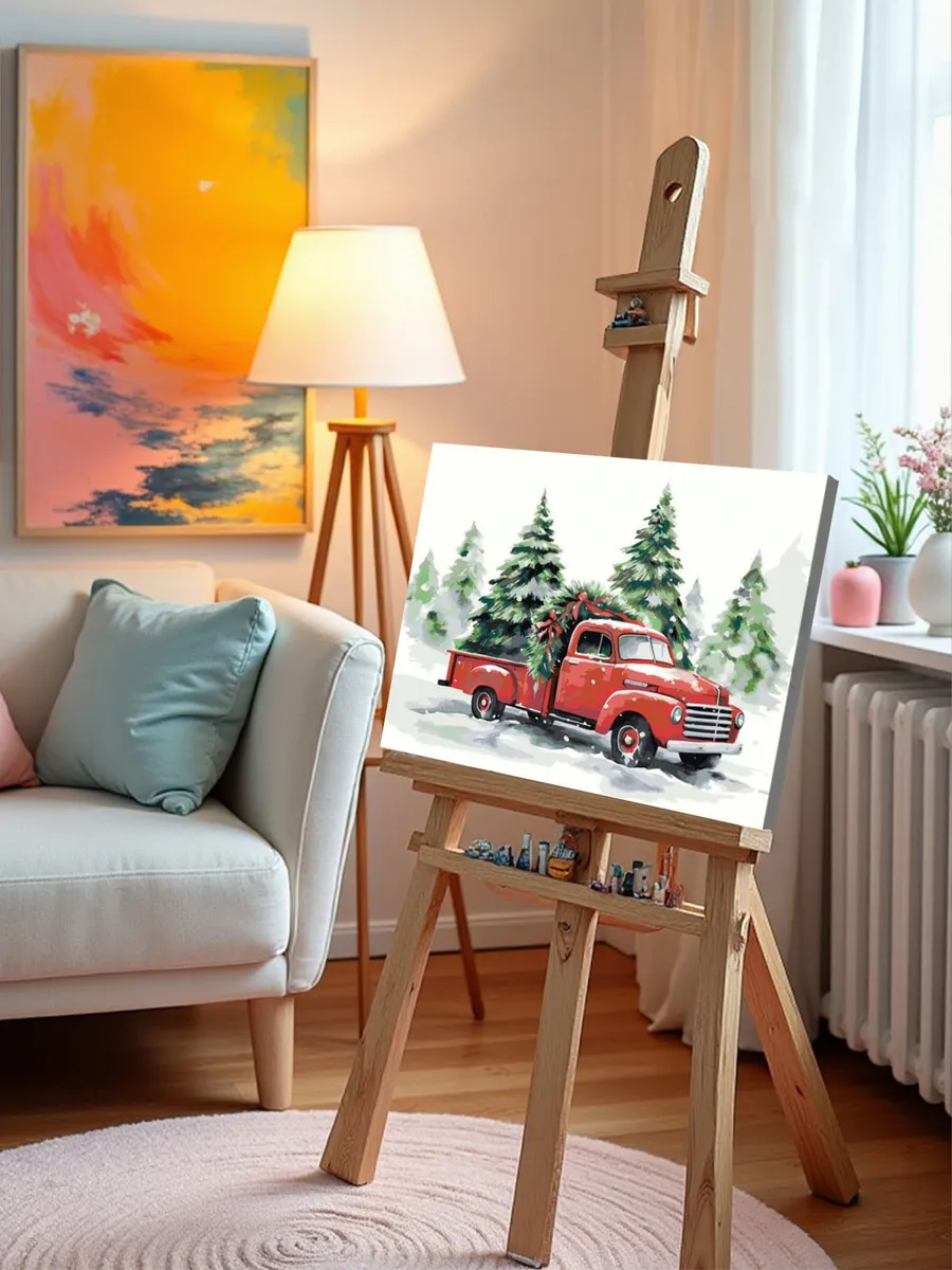 Картина по номерам «Рождество: Красный пикап и зеленые елки» — картинка 10
