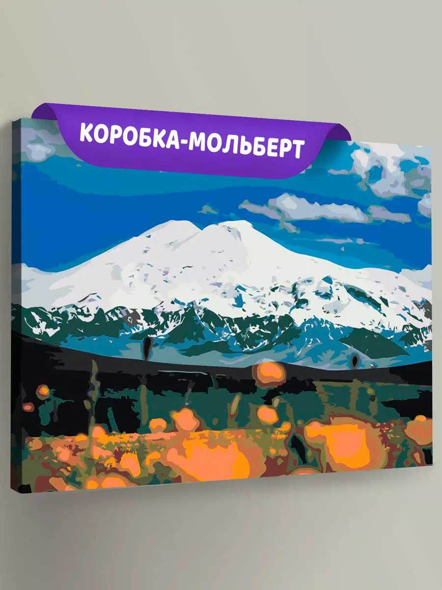 Картина по номерам «Пейзаж гора Эльбрус в снегу и цветы»