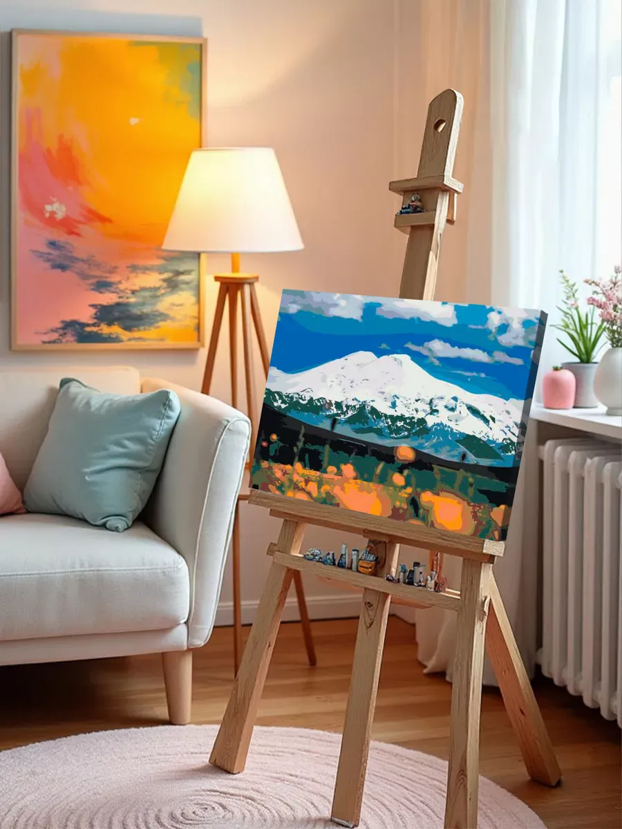 Картина по номерам «Пейзаж гора Эльбрус в снегу и цветы» — картинка 9