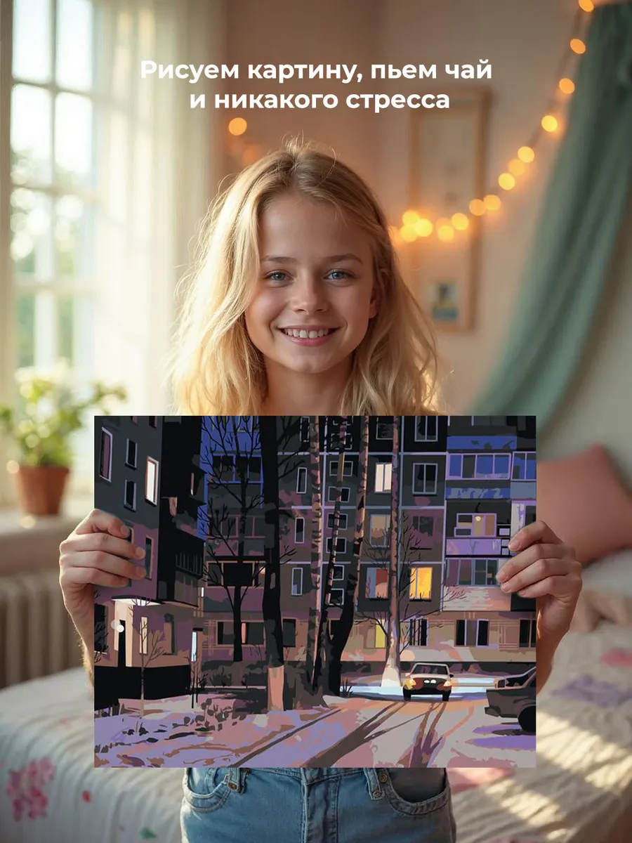 Картина по номерам «Панельки родные: ночь, зима, березы 40х50» — картинка 6