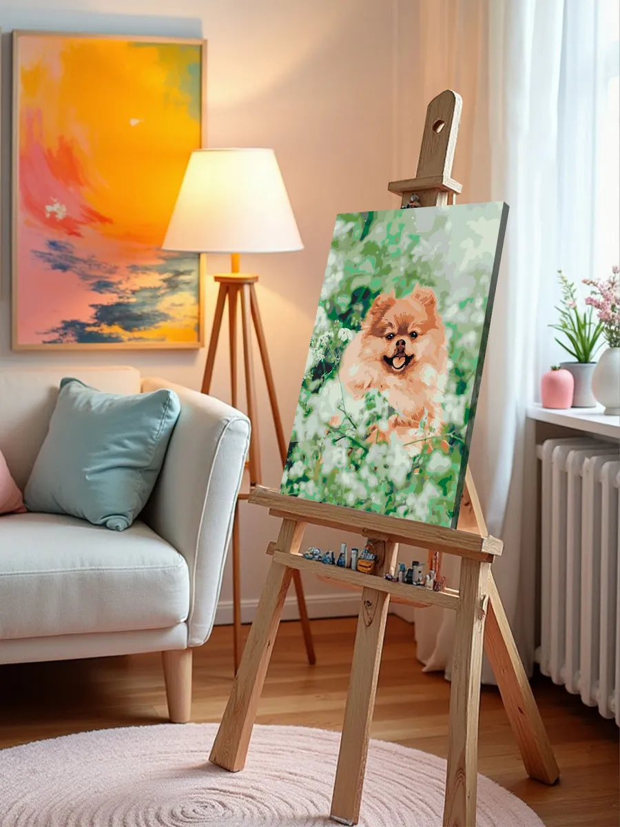 Картина по номерам «Собаки: Шпиц в зелени и цветах 40х50» — картинка 9