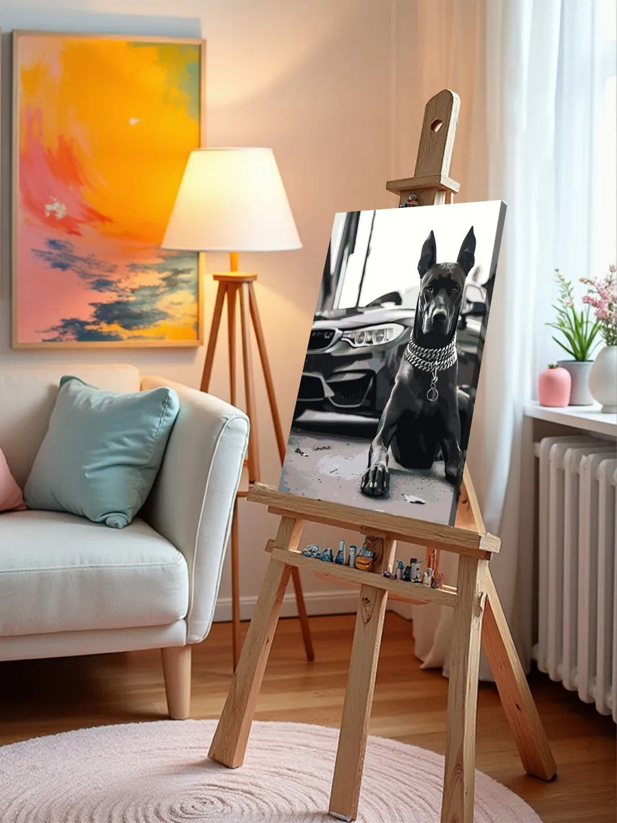 Картина по номерам «Машина BMW и собака доберман чернобелая» — картинка 9