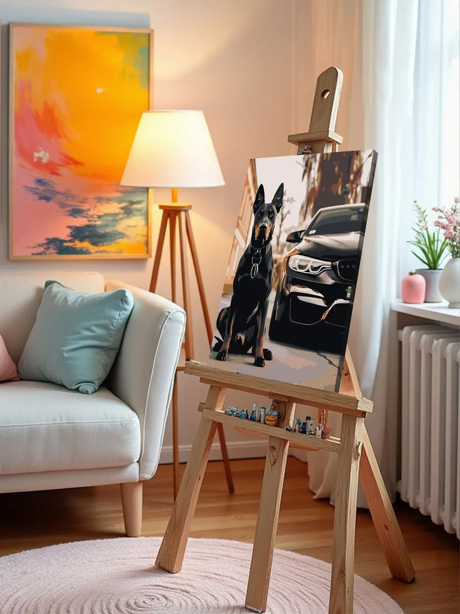 Картина по номерам «Машина BMW и собака доберман 40х50» — картинка 9