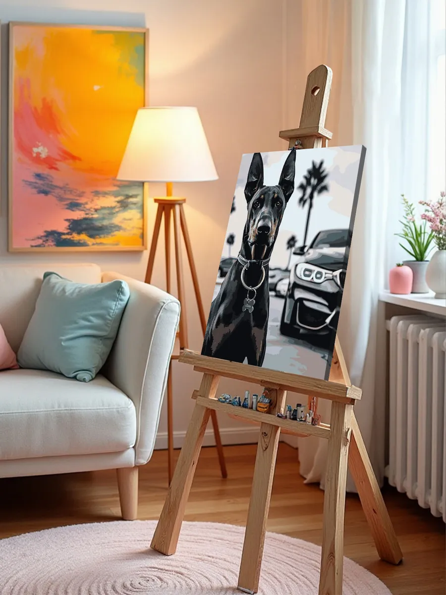 Картина по номерам «Машина BMW и собака доберман монохром» — картинка 9