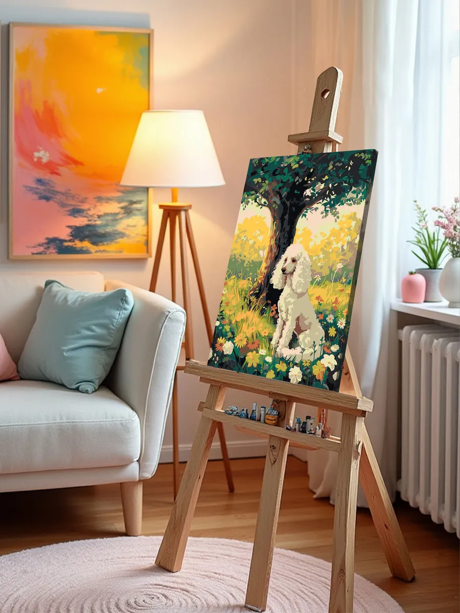 Картина по номерам «Собака пудель под деревом, цветы 40х50» — картинка 10