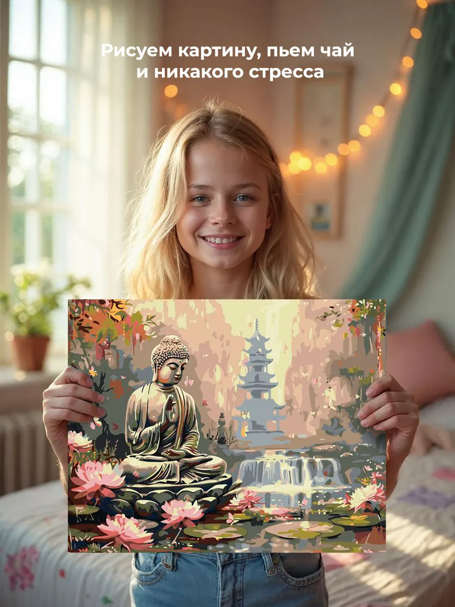 Картина по номерам «Религия буддизм: Будда, озеро и лотосы» — картинка 6
