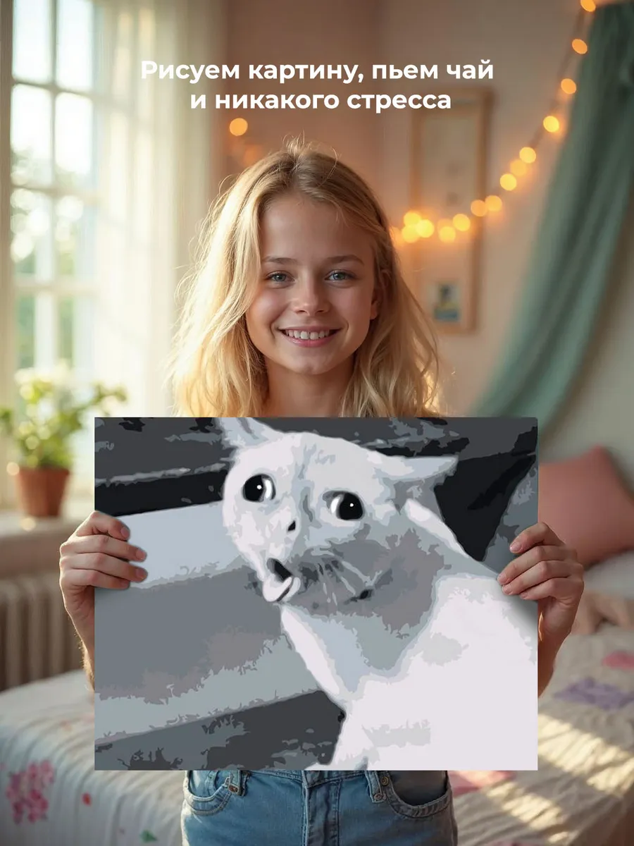 Картина по номерам «Мем, коты из мемов: Белый кот чб 40x50» — картинка 7