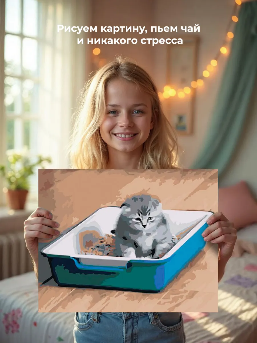 Картина по номерам «Мем, коты: Грустный котенок в лотке» — картинка 7