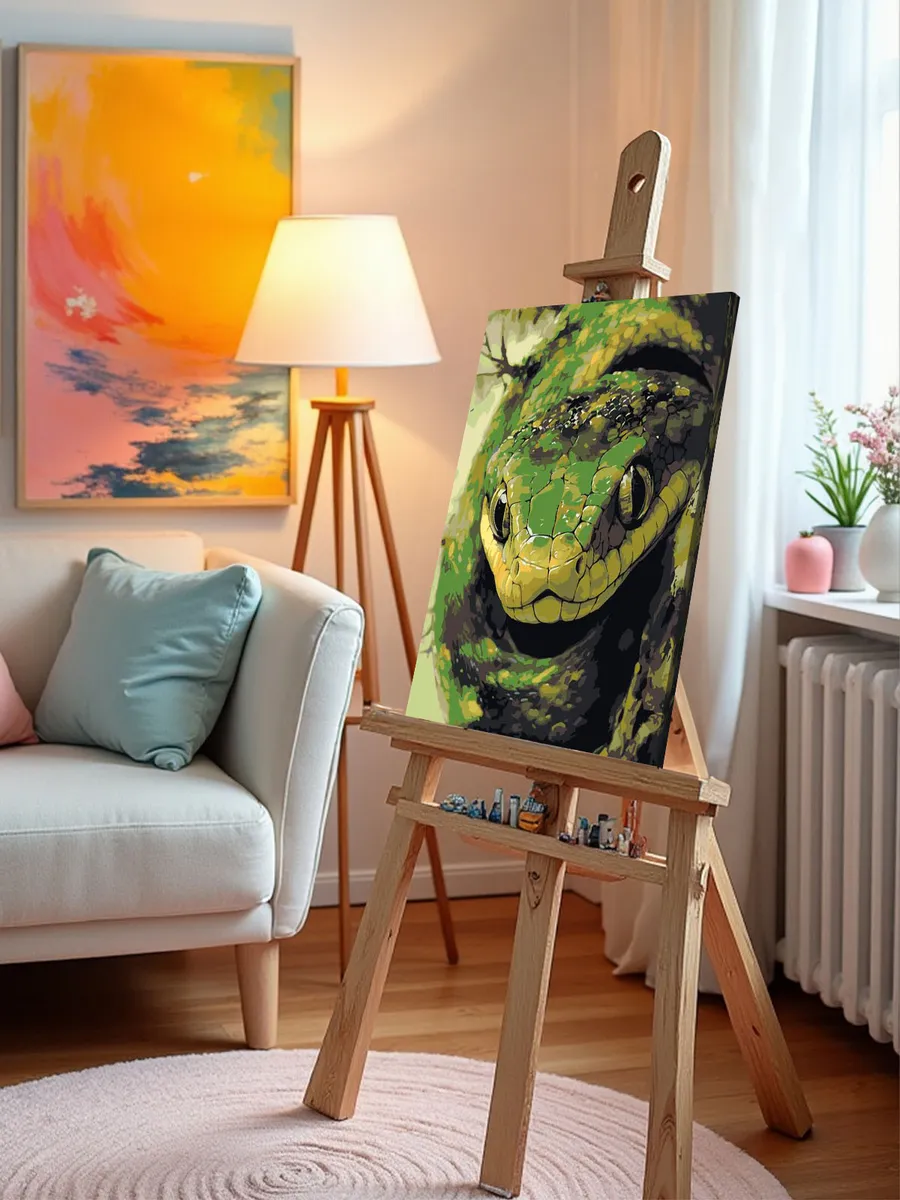 Картина по номерам «Зеленая змея в лесу, Новый год, животные» — картинка 9