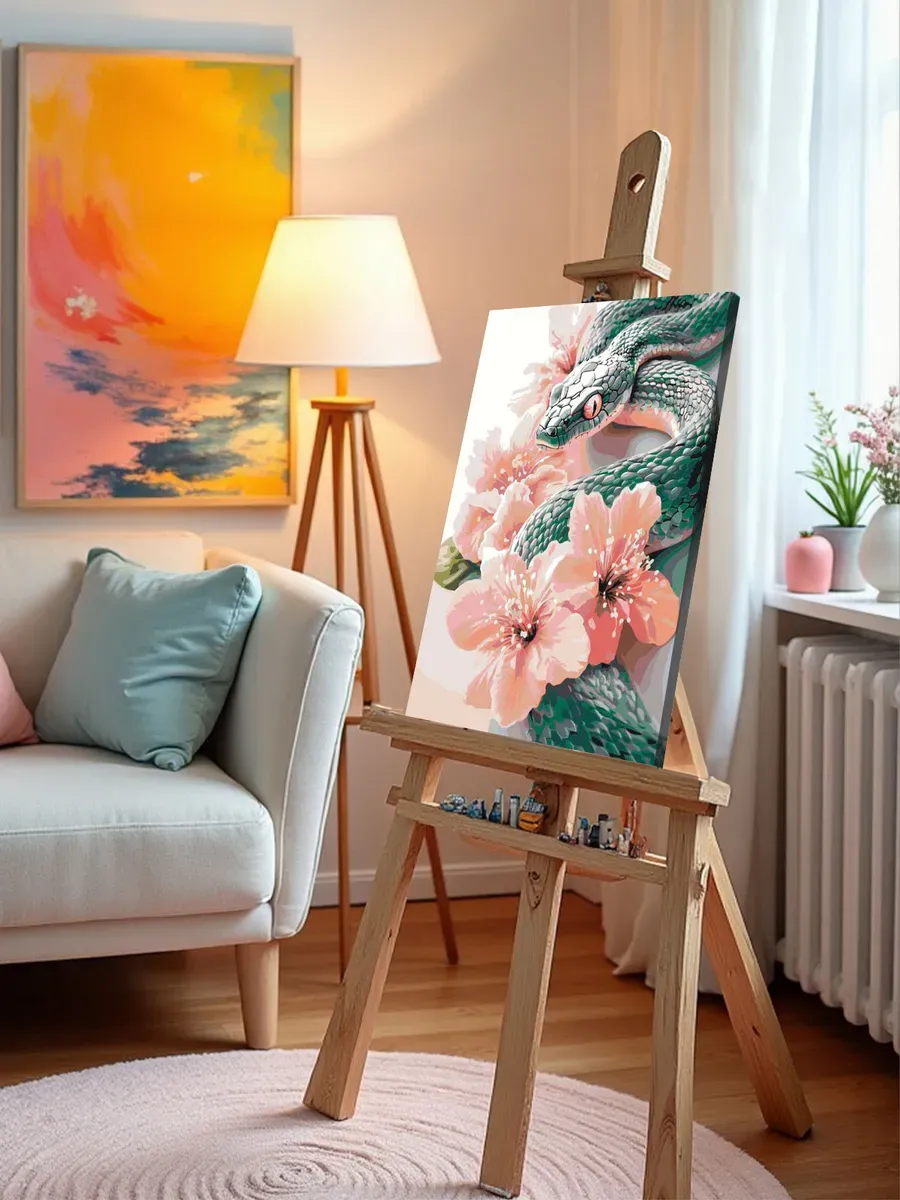 Картина по номерам «Зеленая змея в цветах, животные 40x50» — картинка 9