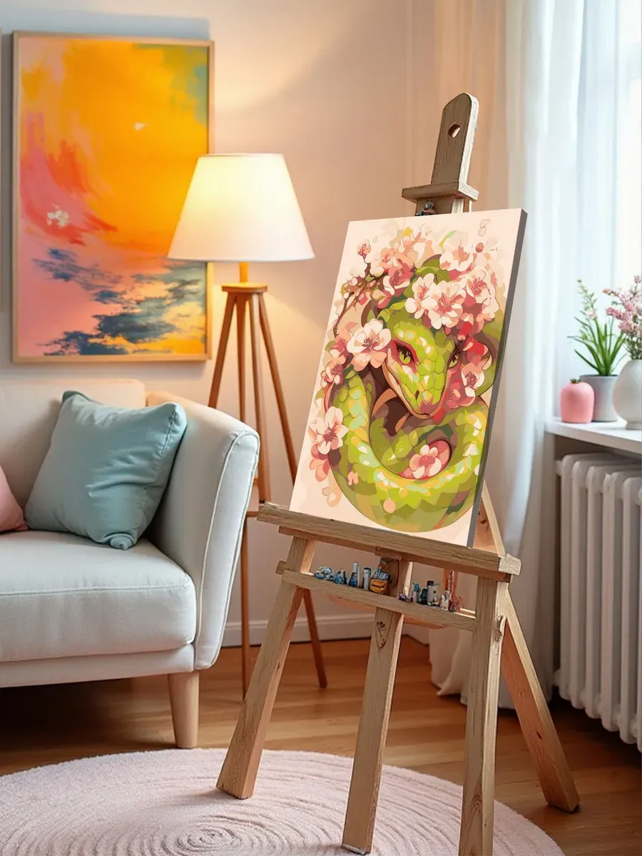 Картина по номерам «Зеленая змея и сакура, животные 40x50» — картинка 9