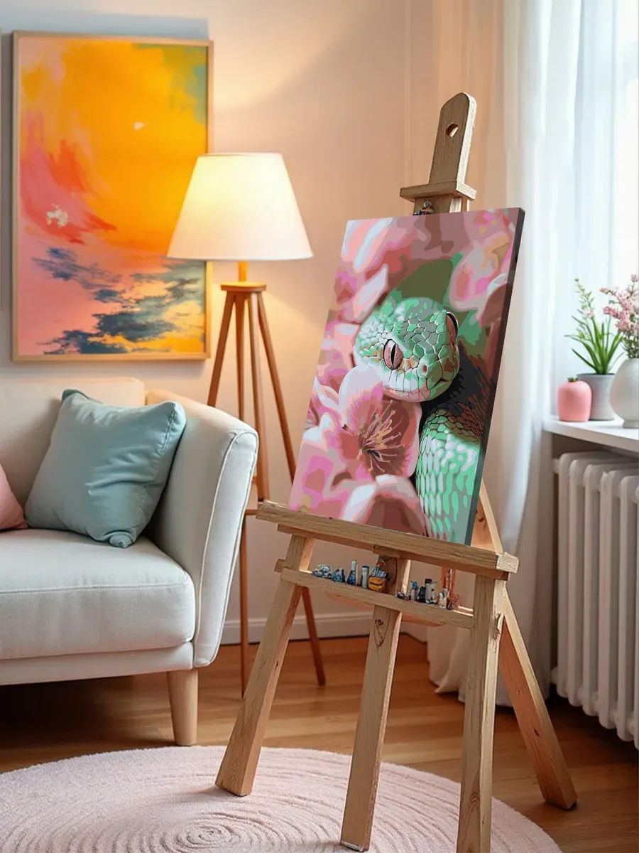 Картина по номерам «Зеленая змея и сакура, животные 40x50» — картинка 9