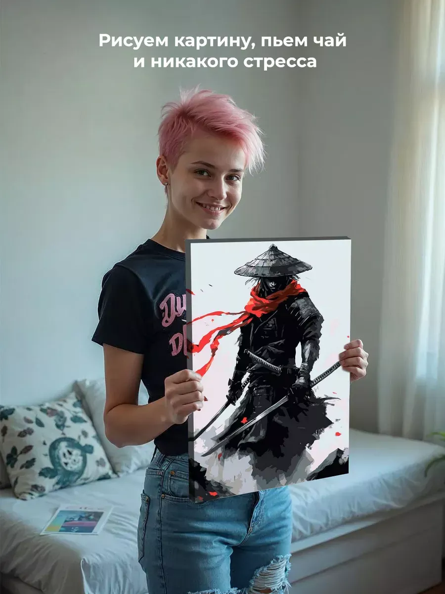 Картина по номерам «Япония, Азия: воин самурай монохром, чб» — картинка 6