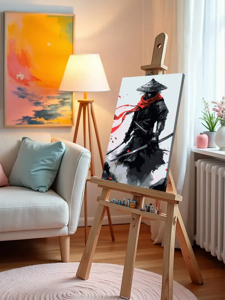 Картина по номерам «Япония, Азия: воин самурай монохром, чб» — картинка 9