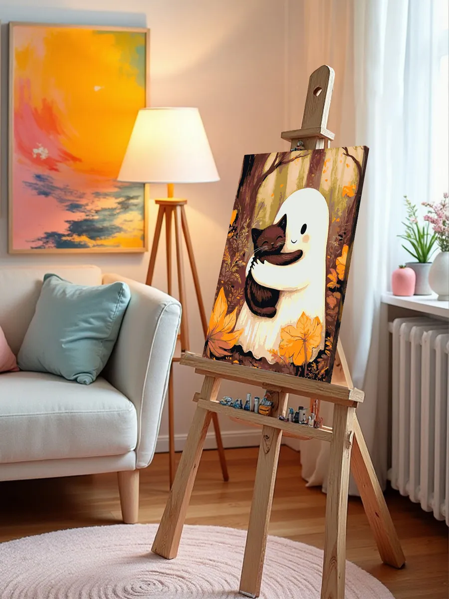 Картина по номерам «Ужасы: милое привидение с котенком, осень» — картинка 9