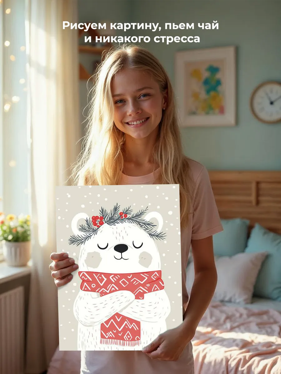 Картина по номерам «Детская, для детей: белый медведь, снег» — картинка 6