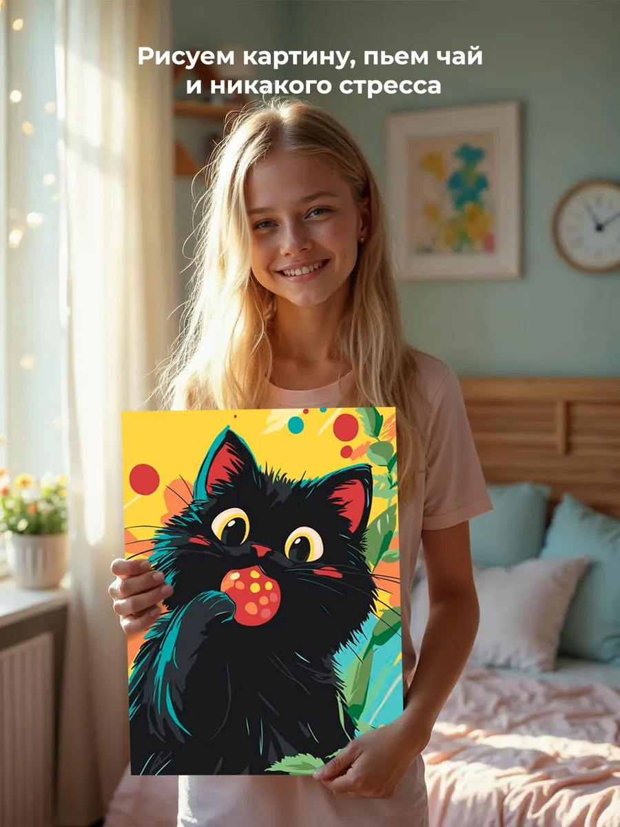 Картина по номерам «Детская, для детей: черный кот-воришка» — картинка 6