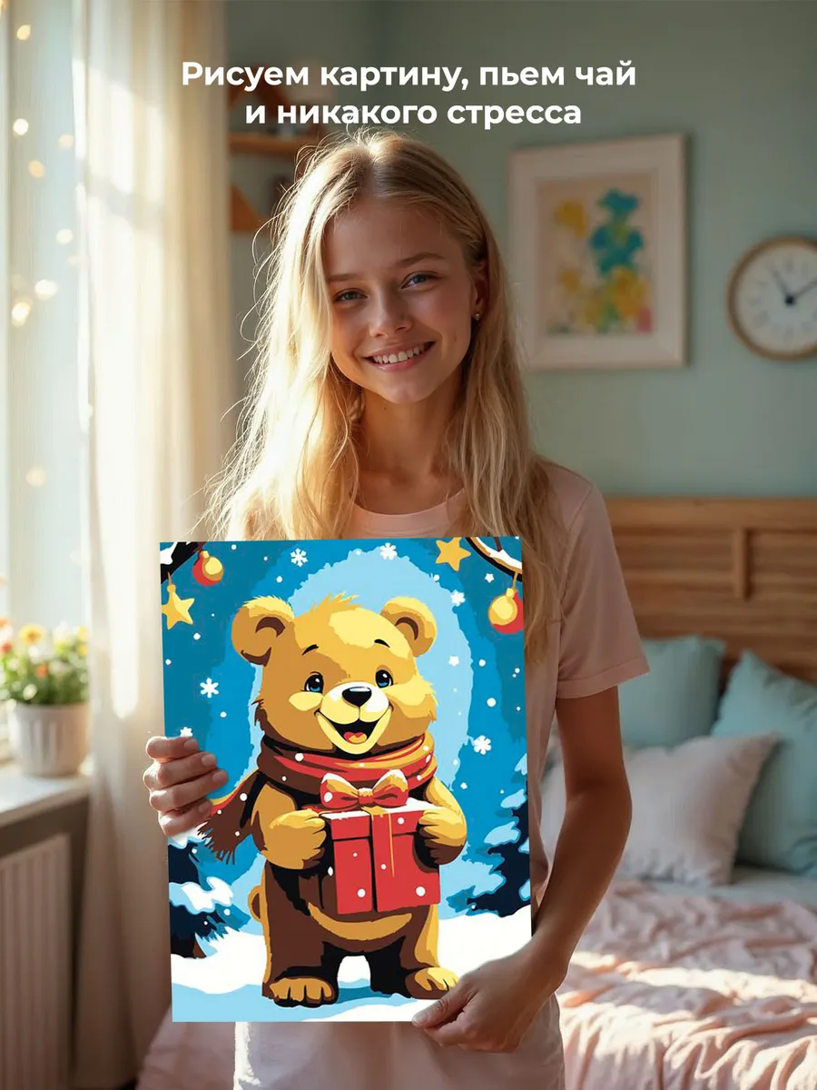 Картина по номерам «Детская: медведь с подарком, новогодняя» — картинка 6