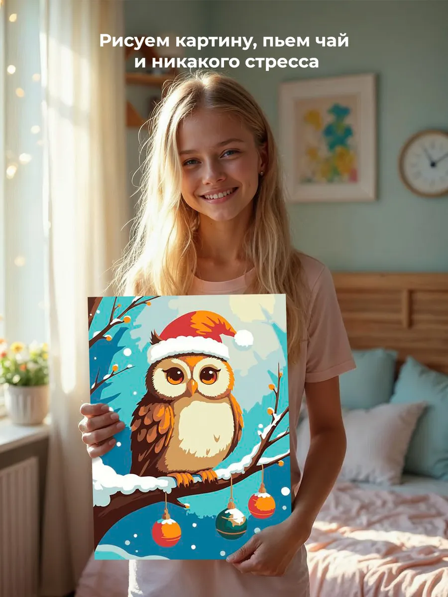 Картина по номерам «Детская: сова на ветке, новогодняя» — картинка 6
