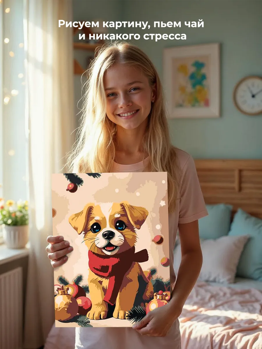 Картина по номерам «Детская: собака щенок, новогодняя 30x40» — картинка 6