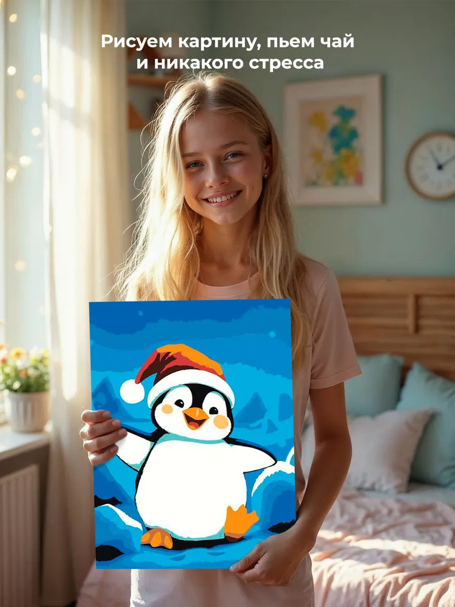 Картина по номерам «Детская: веселый пингвин в колпаке» — картинка 7