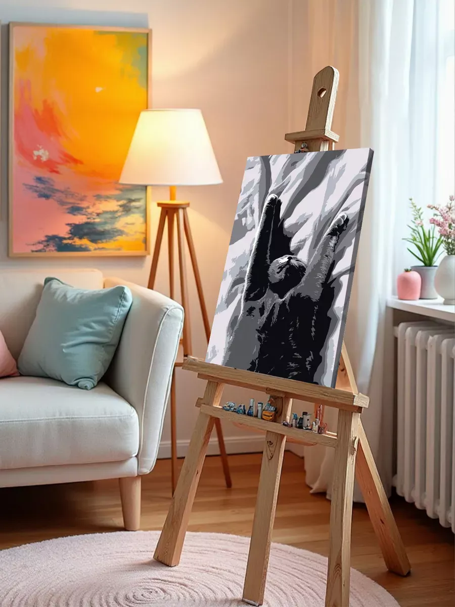 Картина по номерам «Кошки: британский кот на кровати чб» — картинка 9