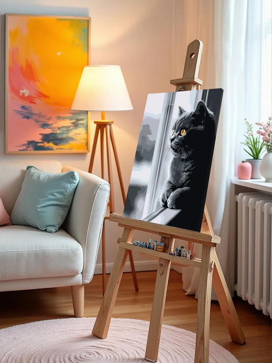 Картина по номерам «Кошки: серый британский кот и окно» — картинка 9