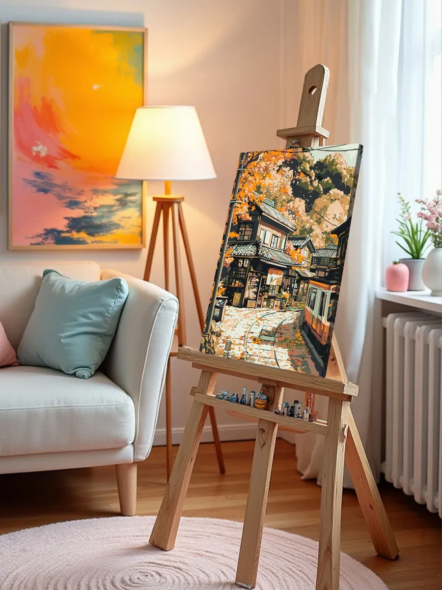 Картина по номерам «Осень: трамвай в уютной деревне, Япония» — картинка 9