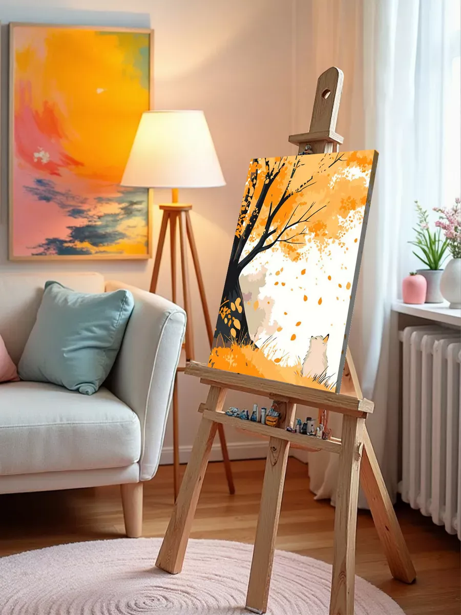 Картина по номерам «Осень: котик под деревом, листопад» — картинка 9