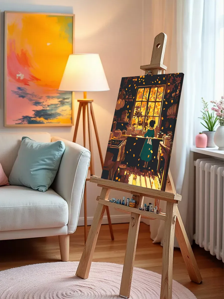 Картина по номерам «Осень: девочка на кухне, осенний пейзаж» — картинка 9