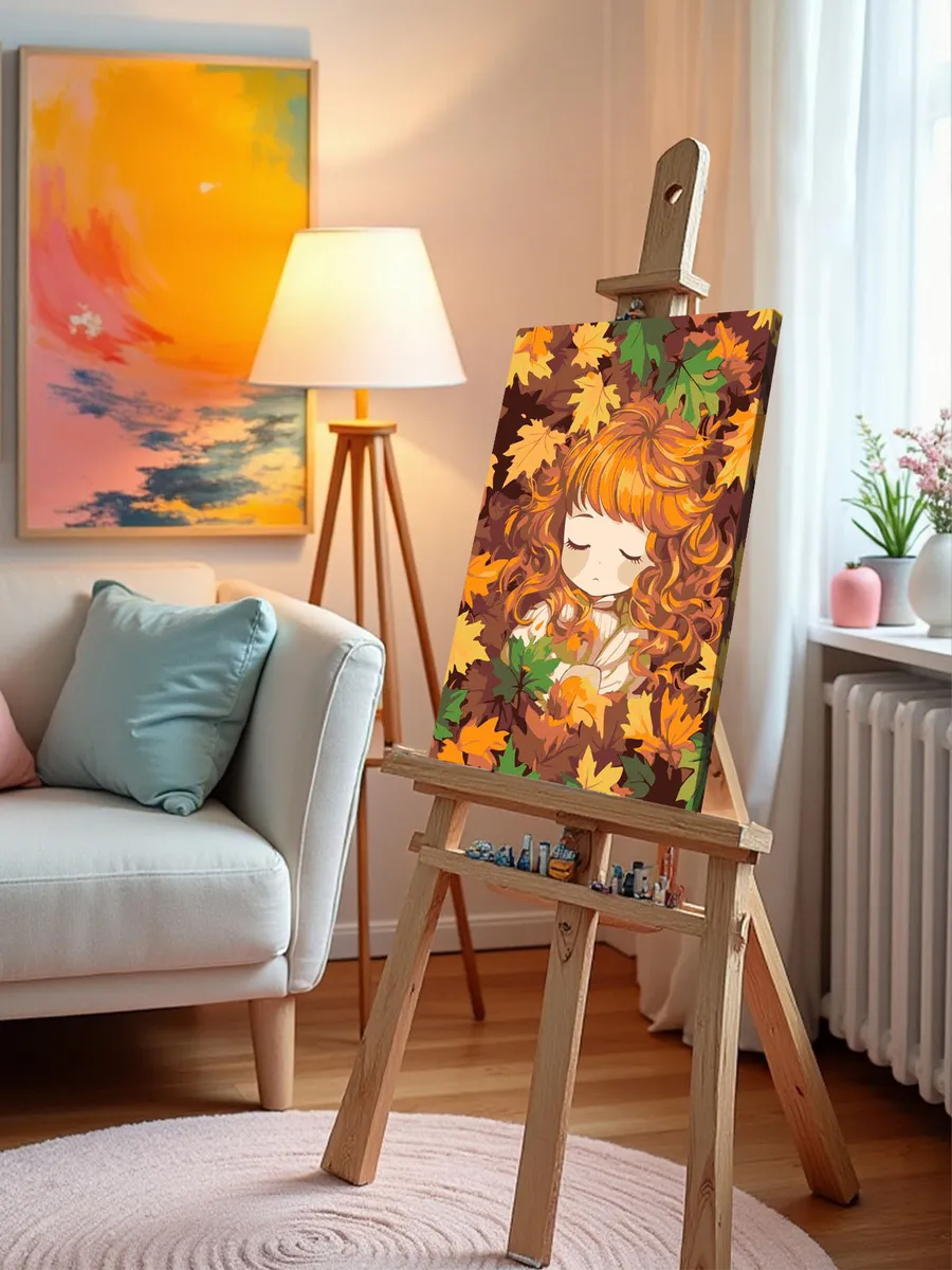 Картина по номерам «Осень: девочка в осенних листьях арт» — картинка 9