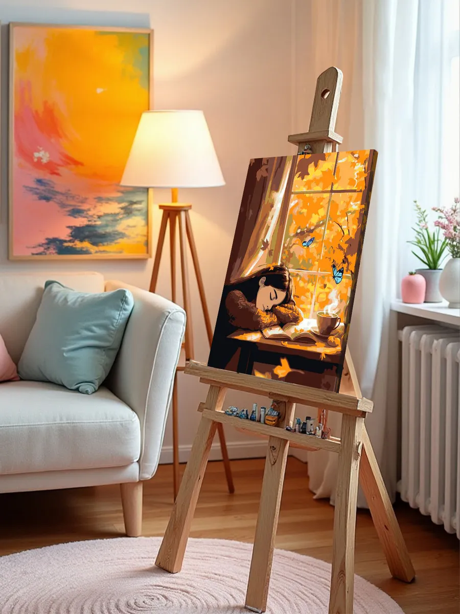 Картина по номерам «Осень: девушка, бабочки и осенний пейзаж» — картинка 9