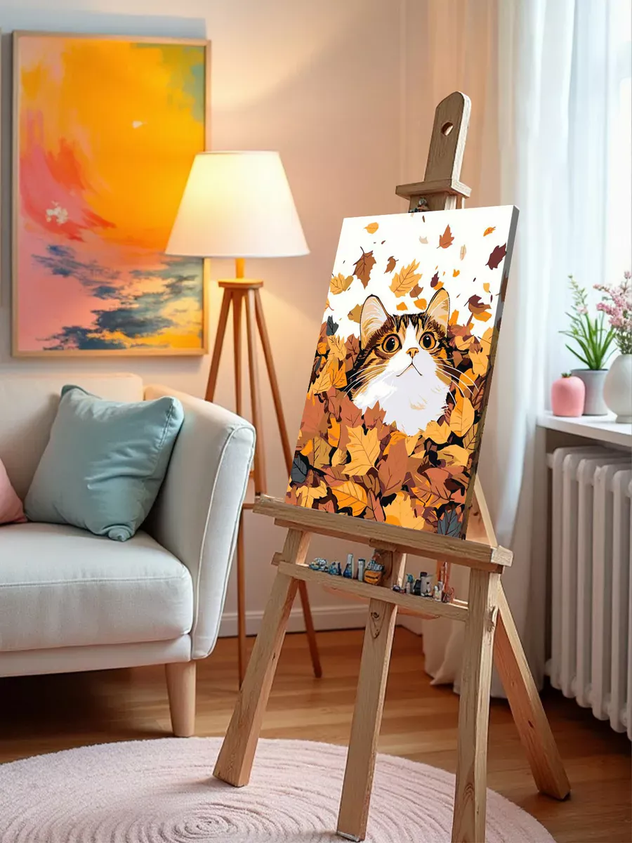 Картина по номерам «Осень: удивленный кот в осенних листьях» — картинка 9