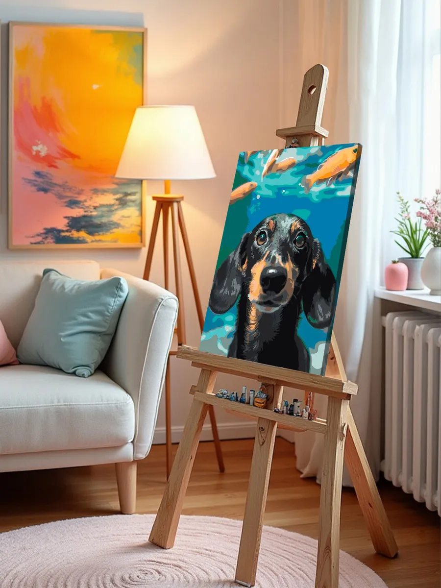 Картина по номерам «Собаки: такса и рыбки под водой 40х50» — картинка 9