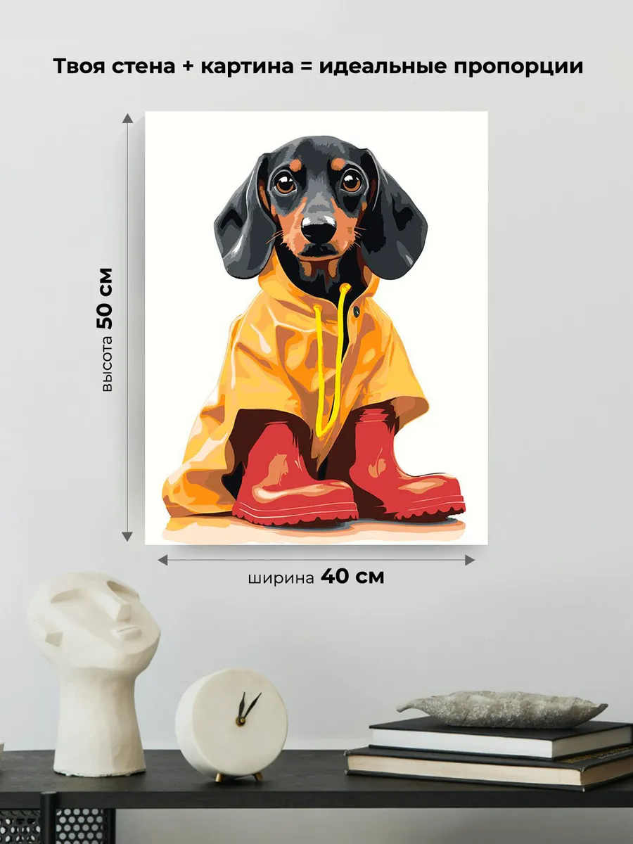 Картина по номерам «Собаки: щенок таксы в дождевике и сапогах» — картинка 3