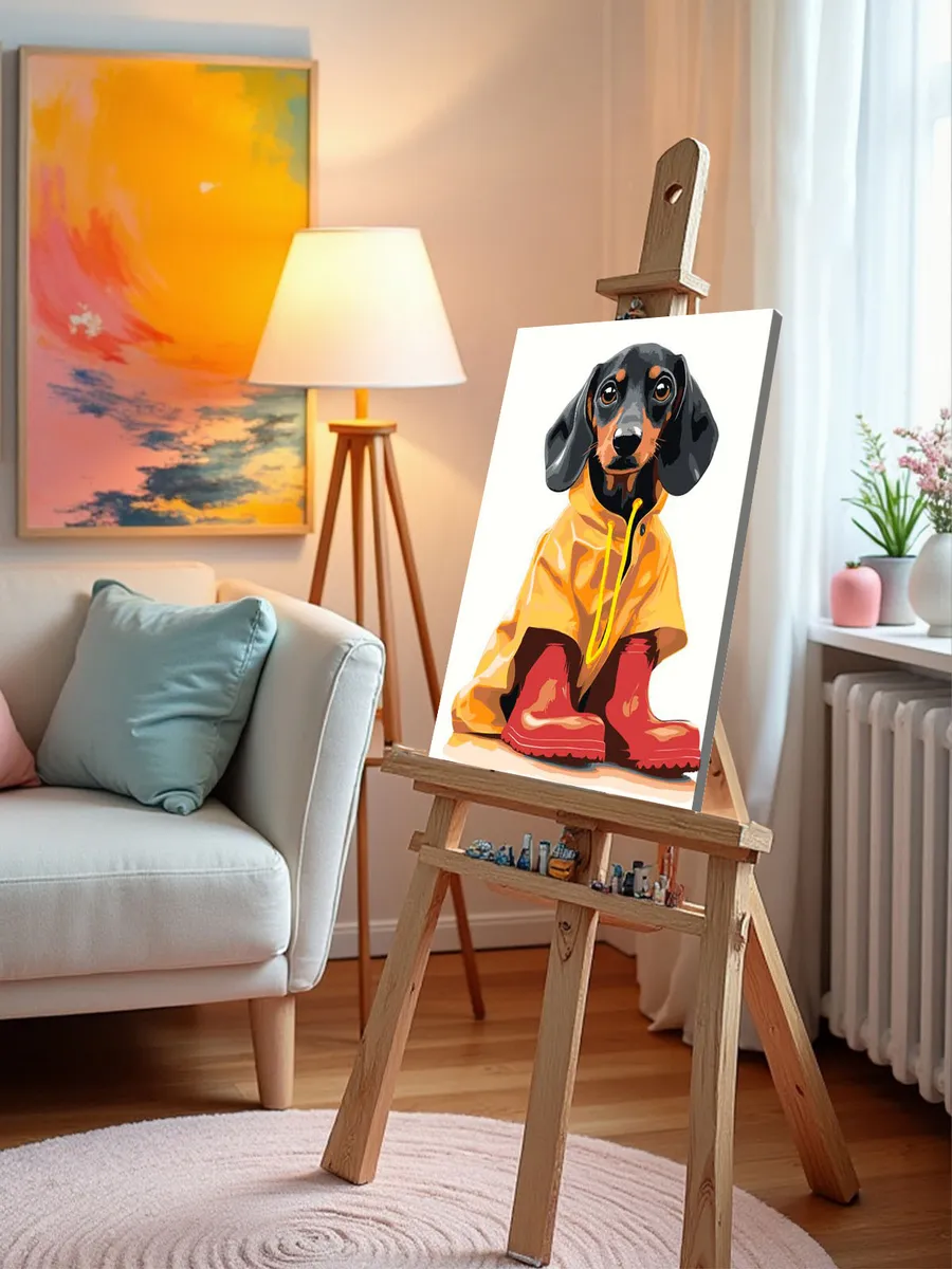 Картина по номерам «Собаки: щенок таксы в дождевике и сапогах» — картинка 9