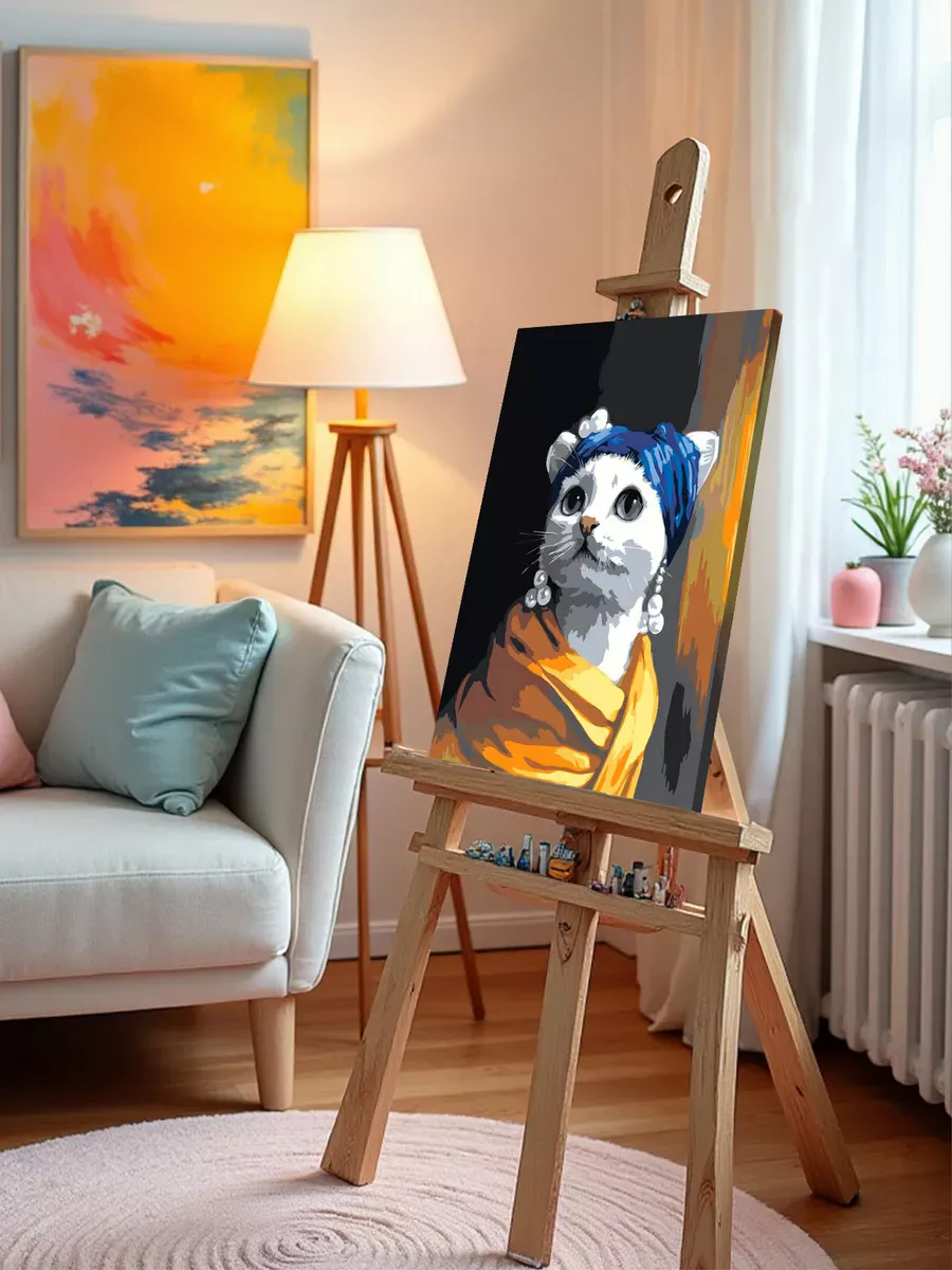 Картина по номерам «Девушка с жемчужной сережкой, кот 40x50» — картинка 9